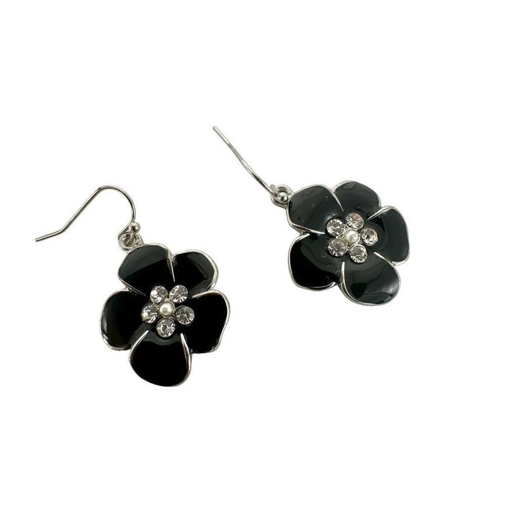 Black and silver tone rhinestone flower earrings